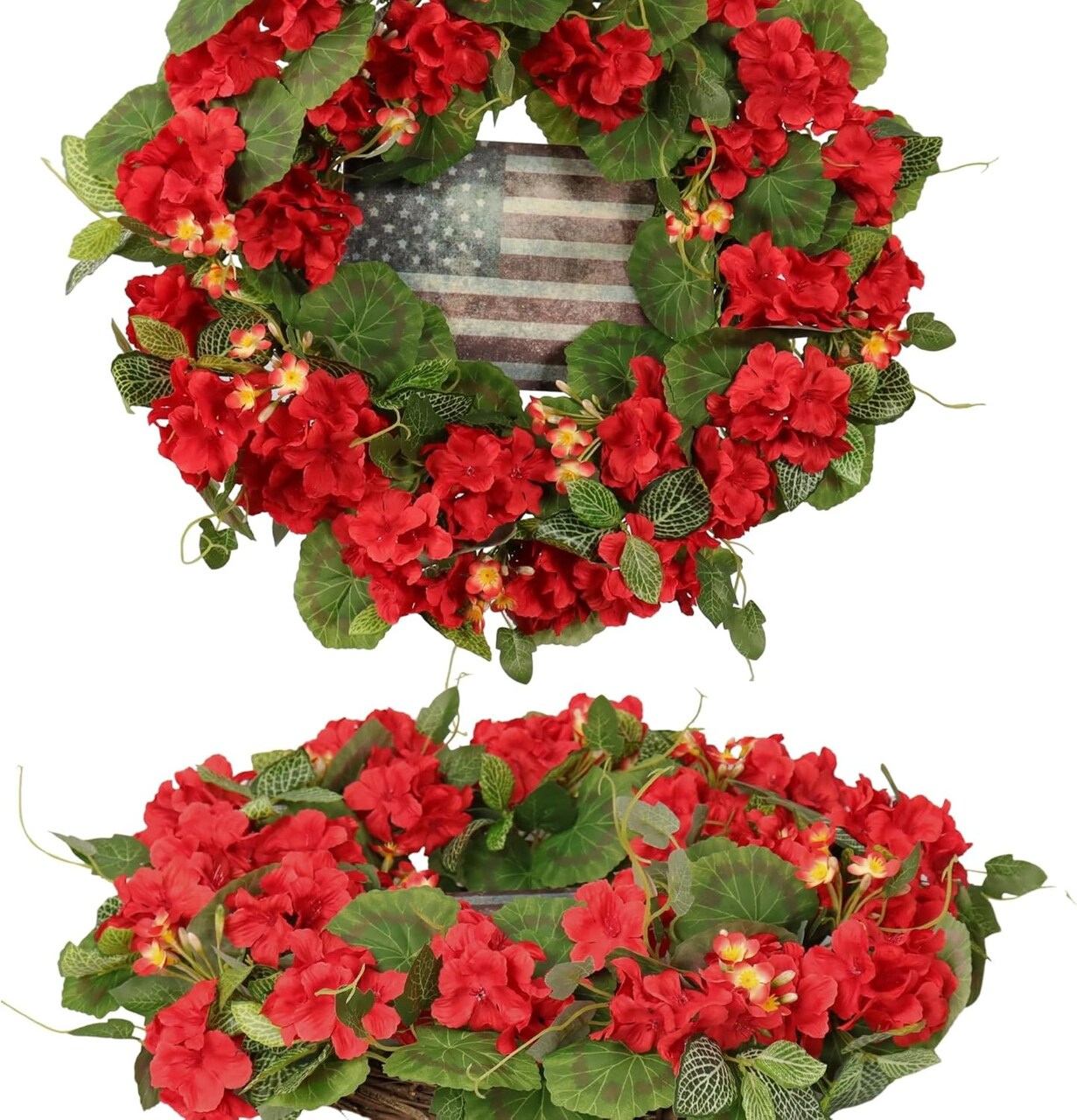 20in Patriotic Geranium Wreath, 4th of July, American Flag Accent